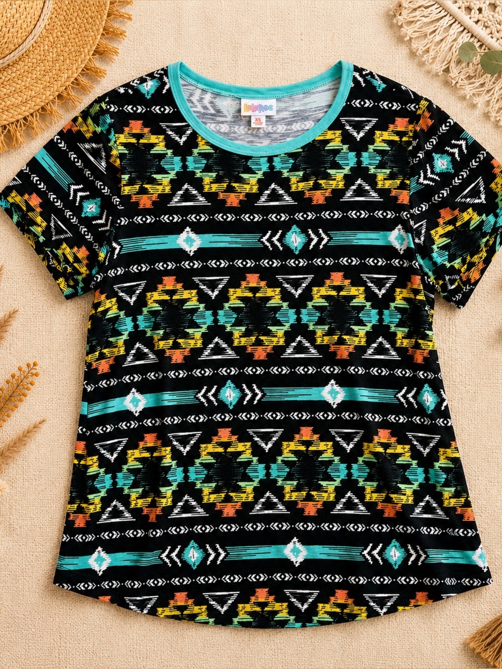 LuLaRoe Olive Top XS Southwestern Aztec Tulip Sleeve Teal Black
